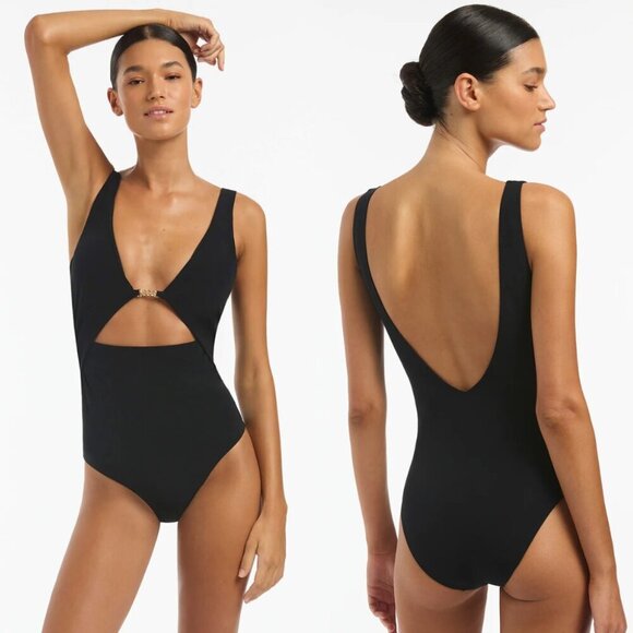 Jets Lien Plunge One Piece Swimsuit in Black - Picture 1 of 5